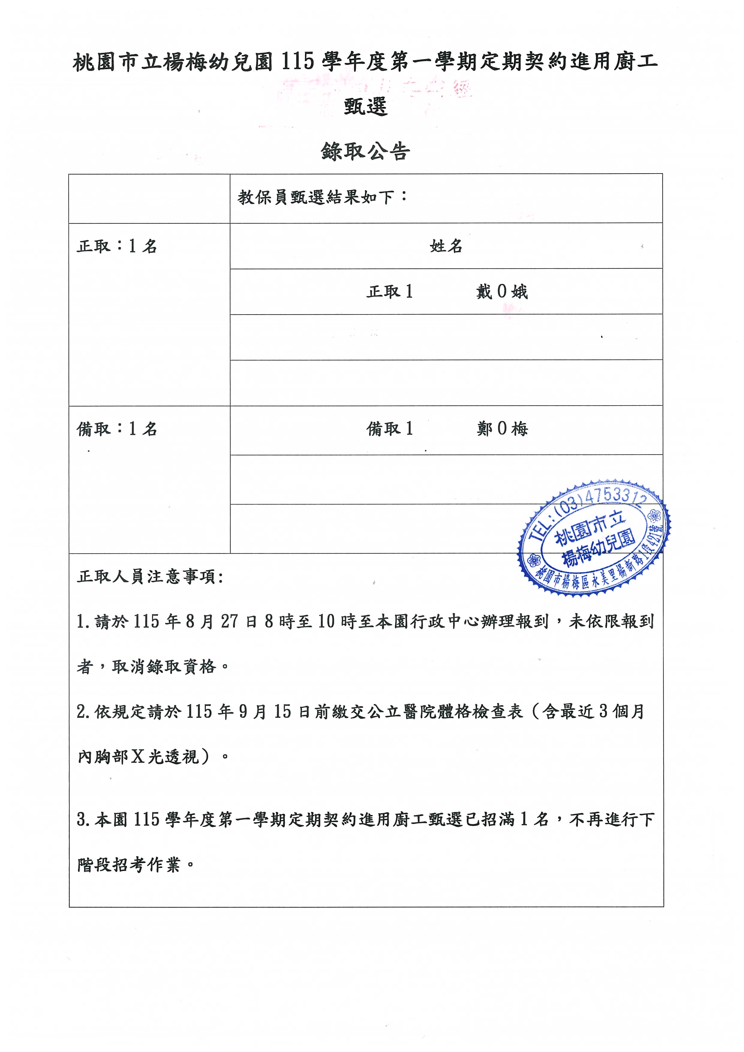 桃園市立楊梅幼兒園115學年度第一學期定期契約進用廚工甄選錄取公告